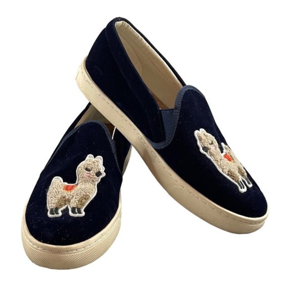 Soludos Anthropologie Blue Velour / Velvet and Llama Slip-on Shoes Womens Size 9